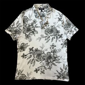 Express Polo Shirt Mens Medium White Floral Short Sleeve Collar Neck